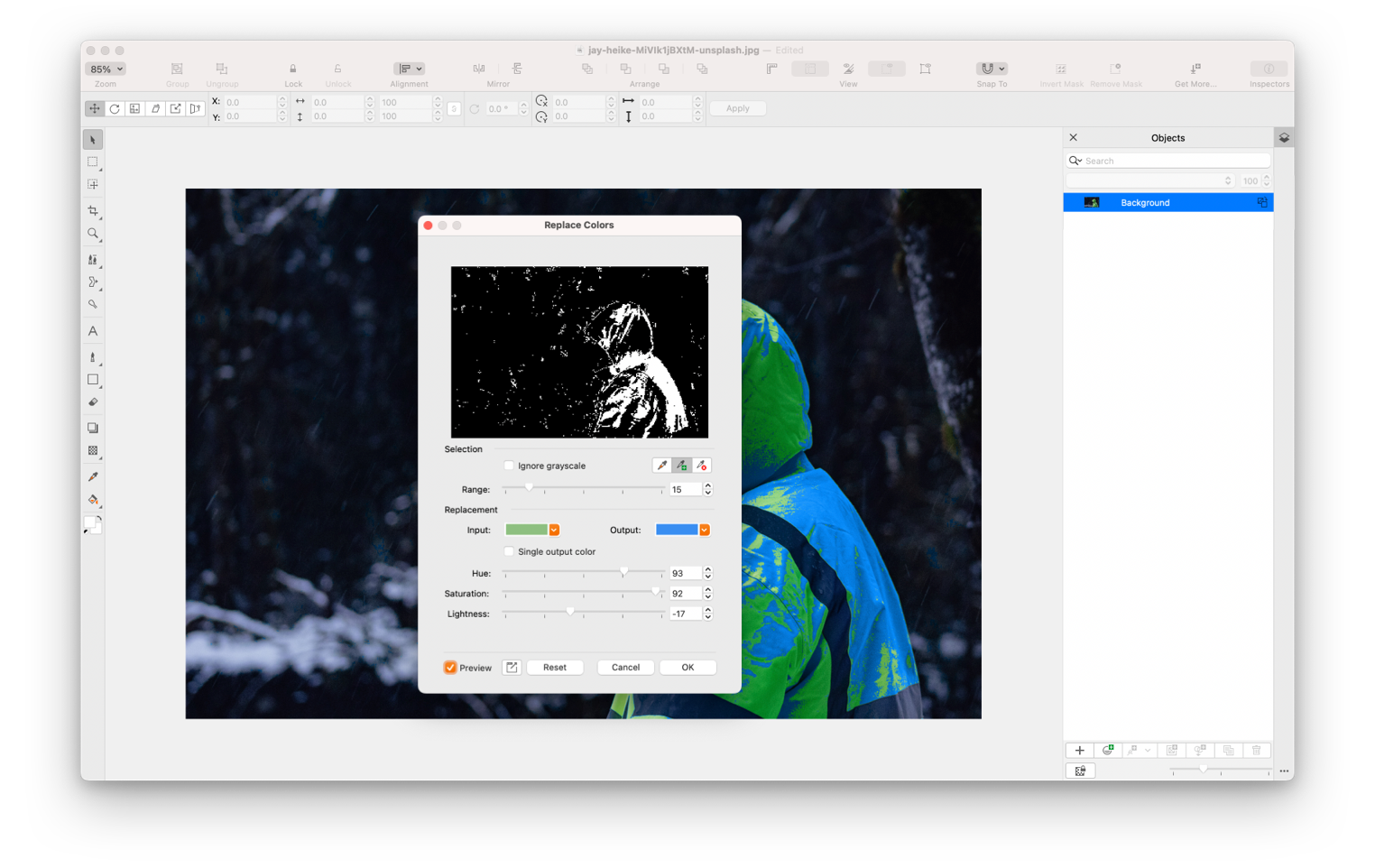 Application screenshot with legacy Replace Colors dialog open.