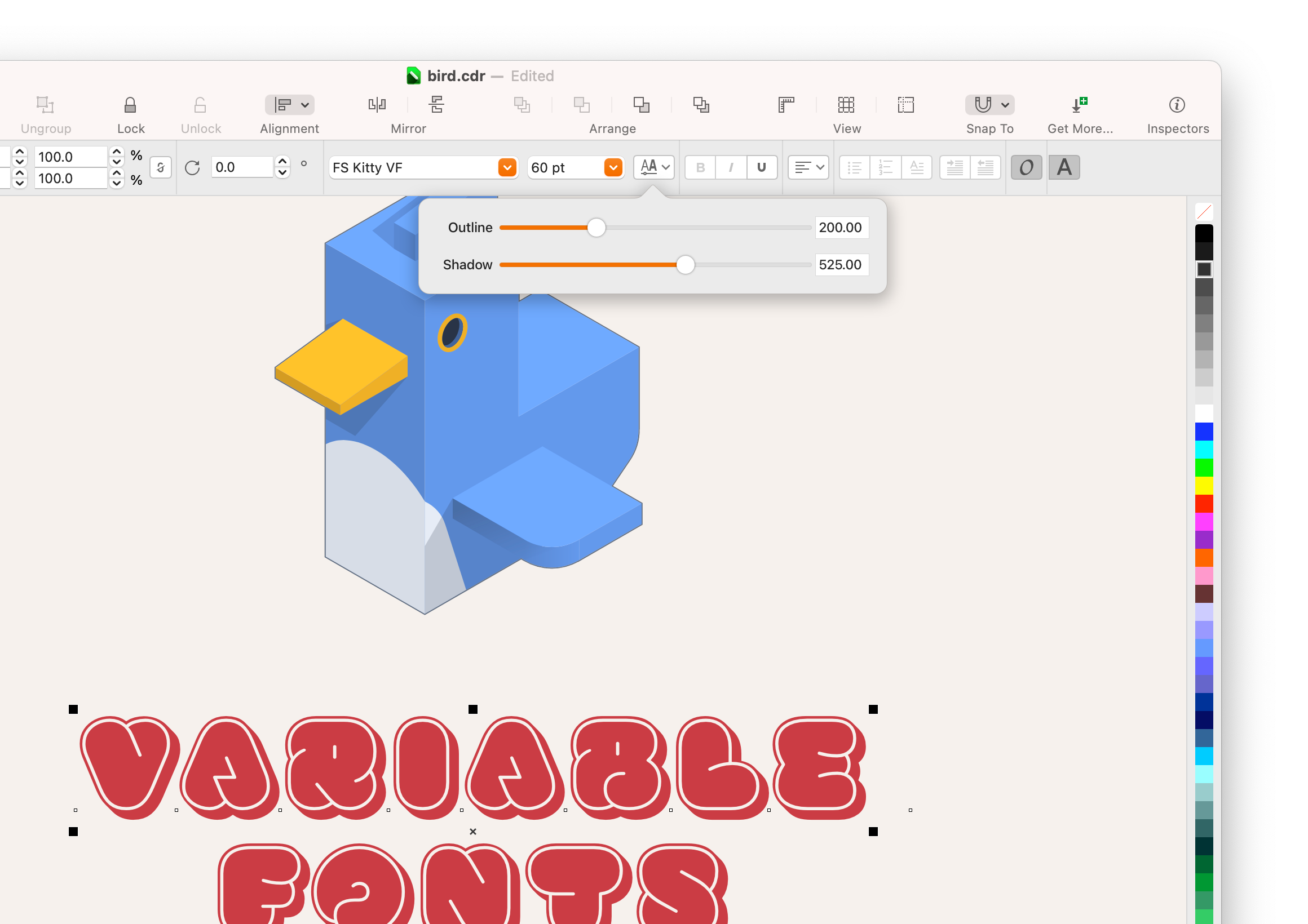 Application screenshot detail with variable font properties flyout.